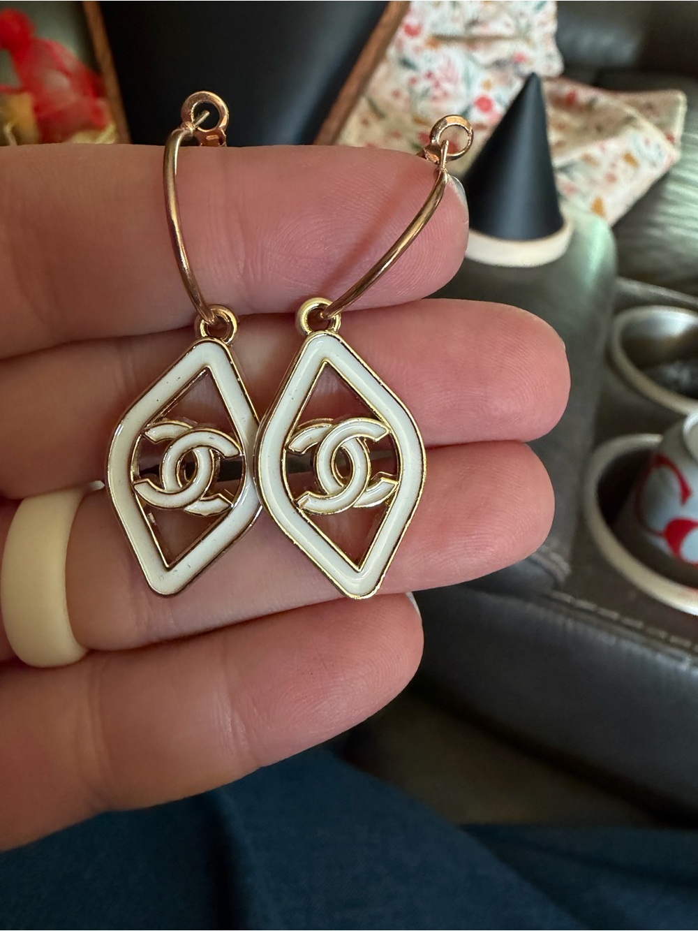 Hand Crafted Gold and White Geometric Drop Earrings with Interlocking Motif